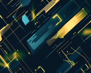 Poster - Vibrant cybernetic backdrop in yellow and blue with abstract digital patterns. Generative AI