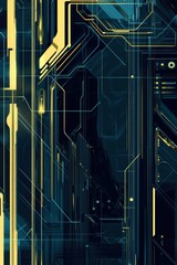 Poster - Bright cybernetic backdrop design featuring yellow and blue geometric patterns. Generative AI