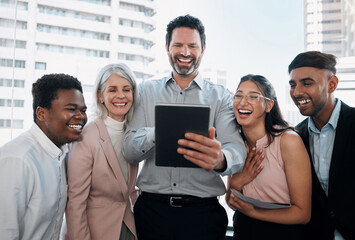 Poster - Tablet, laugh and group of business people with social media post, meme or search in office. Happy, men and women with digital app for joke, teamwork or networking together for funny online ideas