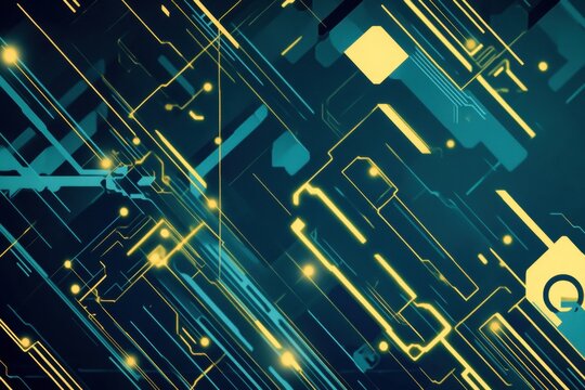 Vibrant cybernetic backdrop featuring blue and yellow abstract patterns. Generative AI