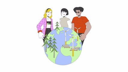 Poster - Building renewable planet 2D animation. Planting trees forest 4K video motion graphic. Wind farm solar panels. Diverse environmentalists animated characters cartoon flat concept, white background