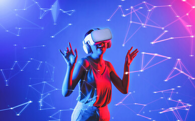 Sticker - Female standing wearing white VR headset and tank top connecting metaverse, future cyberspace community technology, enjoy dancing in cyberpunk neon light gesticulate hand and body. Hallucination.