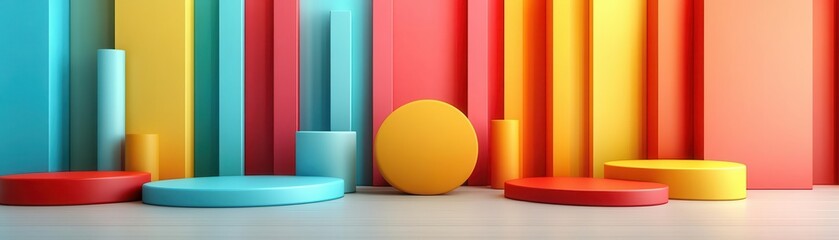 Poster - A vibrant arrangement of colorful geometric shapes against a bright backdrop, creating a playful and modern aesthetic.