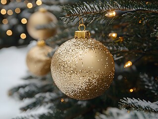 Aufkleber - Elegant Gold Christmas Ornament Hanging on a Snowy Evergreen Tree with Sparkling Bokeh Lights in the Background, Capturing the Spirit of the Holiday Season