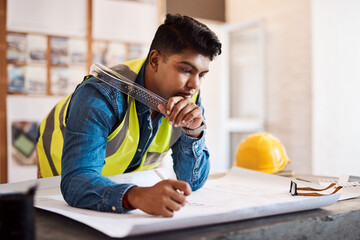 Poster - Architect, man and drawing on floor plan in office for project development or illustration of property. Architecture, planning or ruler with design process for building renovation or blueprint sketch