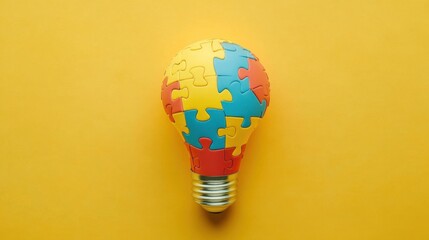 Poster - Colorful Puzzle Light Bulb Symbolizing Creativity and Problem Solving Against a Bright Yellow Background for Innovative Concepts and Ideas