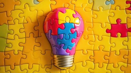 Poster - Colorful Light Bulb Made of Puzzle Pieces Representing Ideas, Creativity, and Problem-Solving Against a Bright Background of Interlocking Puzzle Shapes