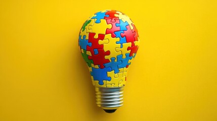 Poster - Colorful Puzzle Piece Light Bulb on Bright Yellow Background Symbolizing Creativity and Innovation in Education and Problem Solving