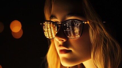 Poster - Young Woman with Reflective Glasses Displaying Binary Code at Night, Capturing Technology and Modern Lifestyle Amidst a Dark Background with Bokeh Lights