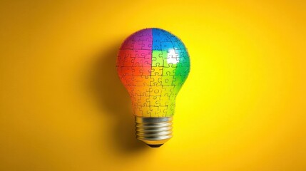 Poster - Colorful Puzzle Light Bulb Against Bright Yellow Background Symbolizing Ideas, Creativity, Solutions, and Innovative Thinking for Stock Photo Use