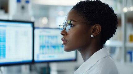 Poster - Professional Woman Analyzing Data on Computer Screen in Modern Office Environment, Wearing Glasses and White Lab Coat, Focused on Results and Innovations in Technology