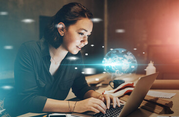 Aufkleber - Hologram, laptop and business woman at night for global networking, online connection and research. Professional, office and worker on computer with digital ui for website, internet or cyber world