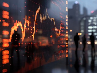 Poster - financial chart with stock market graph and silhouette people walking in office with cityscape blurr