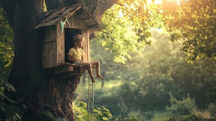 Child Building Treehouse in Lush Oak Tree Symbolizing Adventure and Personal Sanctuary