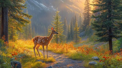 Wall Mural - A young deer stands in a forest clearing at sunrise, with a mountain range in the background.