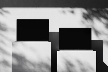Wall Mural - Scene with an open laptop with a blank screen on a concrete background