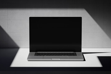 Wall Mural - Scene with an open laptop with a blank screen on a concrete background