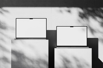 Wall Mural - scene with an open laptop with a blank white screen on a concrete background