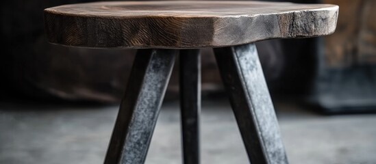 Wall Mural - Close up of a rustic three legged stool crafted from wood and steel showcasing unique design and stability