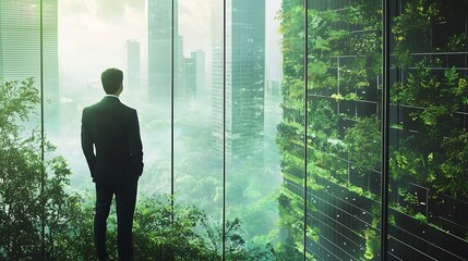 Poster - Businessman Envisions Sustainable Future Through Skyscraper Window Overlooking Forest Landscape