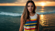 © wetzkaz - young adult brunette woman wearing cozy tank top, smiling with good mood, standing on the beach by the sea on the endless horizon at sunset, vacation and tropical island