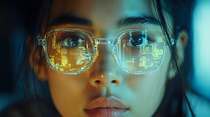 Poster - Young woman with futuristic glasses reflecting digital data, close-up portrait showcasing technology, innovation, and modern lifestyle in a visually immersive setting.