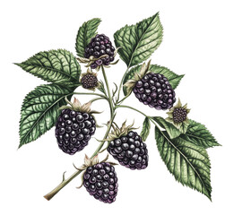 Wall Mural - PNG Fresh blackberries on a branch with green leaves