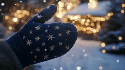 Poster - A hand wearing a blue mitten with silver stars is outstretched in the falling snow. The background is blurred, but you can see string lights and a snowy landscape.