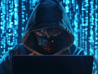Poster - hacker with bitcoin face mask behind notebook laptop front of blue source binary code background internet cyber hack attack crypto currency blockchain computer concept