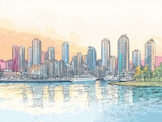 Wall Mural - Hand_drawn_illustration._Color_panorama_of_the_Vancouver_City_Cityline_2