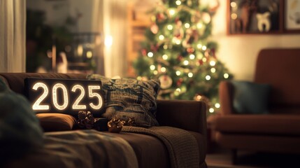 Poster - A glowing sign with the number 2025 on it sits on a brown couch in front of a Christmas tree. There are pillows and a blanket on the couch. The Christmas tree is decorated with lights and ornaments.