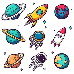 Wall Mural - vibrant cartoon icons celebrating the wonders of outer space and discovery