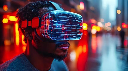 Poster - Close-up of a man wearing a VR headset with illuminated data graphics reflecting on the screen in a futuristic city setting