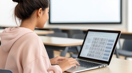 Aufkleber - Woman is sitting at a desk with a laptop open in front of her. She is smiling and she is enjoying her work. The laptop is displaying a calendar
