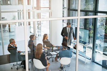 Poster - Business man, presentation and team for planning, kpi analysis and review with feedback in office. Corporate, meeting and project progress for workshop, sales growth and company revenue with screen