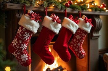 Red Christmas socks Santa Claus hanging on the fireplace. New Year's home decor. Christmas decorations on the fireplace. Christmas socks with gifts inside.