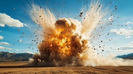 Poster - Explosive Slow Motion Blast Dramatic Debris Patterns and Shockwave in Desert Landscape