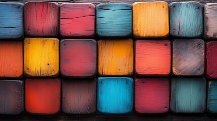 Poster - Row of colorful wooden blocks with a mix of red, yellow, and blue. The blocks are arranged in a way that creates a sense of depth and dimension