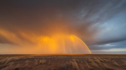 Wall Mural - rainbow is seen in the sky above a dry, dusty plain. the sky is cloudy and the sun is setting
