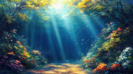 Wall Mural - painting of a forest with a path leading through it. the path is surrounded by trees and flowers, an