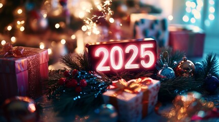 Poster - Colorful decorations and wrapped gifts surround a glowing display of 2025, highlighting a festive atmosphere. The warm lights from the Christmas tree create a joyful scene of holiday celebration.