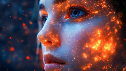 Poster - Close-up of a face with glowing digital particles, highlighting the skin texture and eyes in an ethereal blue and orange glow
