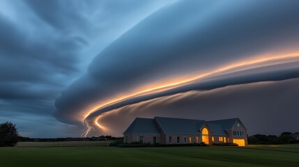 Wall Mural - house is in the foreground of a stormy sky. the sky is dark and cloudy, and there are lightning bolt