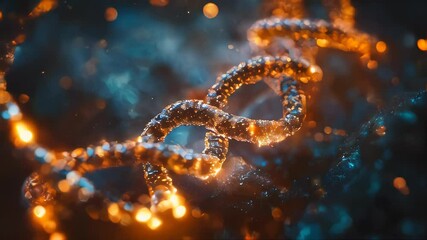 Poster - Close-up of an illuminated DNA strand with sparkling particles on a dark, abstract background. Represents bioinformatics, genetics, and biotechnology innovation