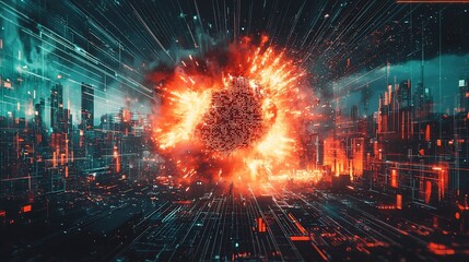 Poster - Explosive Digital Disruption in Futuristic Cityscape
