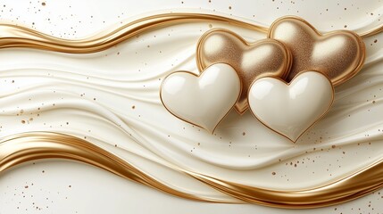 Poster - Gold and white background with three hearts on it. The image has a romantic and elegant feel to it, with the gold and white colors creating a sense of luxury and sophistication