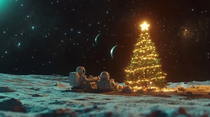 Poster - Two astronauts, dressed in white spacesuits, sit at a table under a lit Christmas tree on the moon. The moon's surface is visible in the foreground, with stars and planets visible in the night sky.