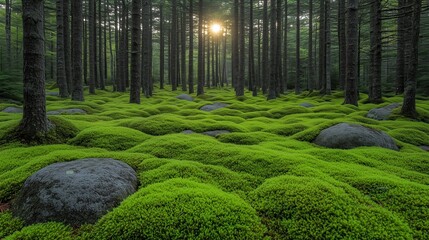 Wall Mural - forest with a sun shining through the trees. the sun is in the middle of the sky and the trees are t