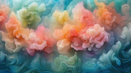 Wall Mural - Colorful painting of a cloud filled with flowers. The painting is vibrant and full of life, with each flower having a unique color. The overall mood of the painting is joyful and uplifting