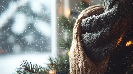 Aufkleber - A warm, knit scarf rests on the branches of a lush evergreen, while soft snowflakes gently fall, creating a peaceful winter atmosphere. The scene captures the essence of the holiday season.